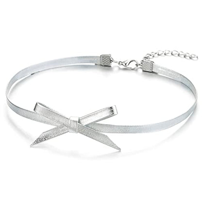 Ladies Leather Bow Choker Necklace Pendant - color: E-Silver Color