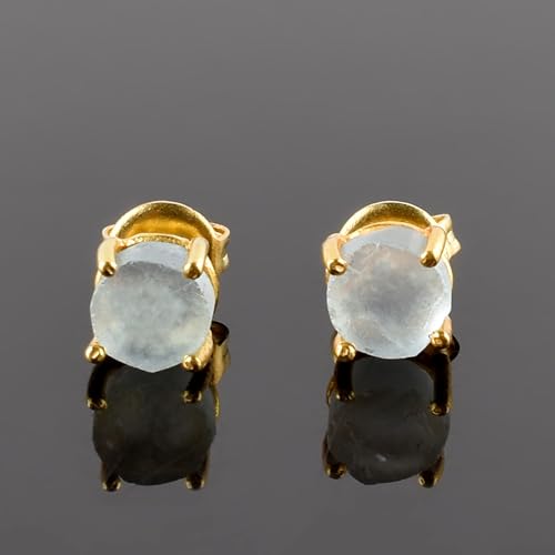 Raw Gold Stud Earrings For Women Natural Gemstone Dainty Pair 14K Gold Plated Flat Back Earrings, Prong Setting Handmade Hypoallergenic Minimalist Jewelry Gifts For Mom, Birthstone Energy Crystals