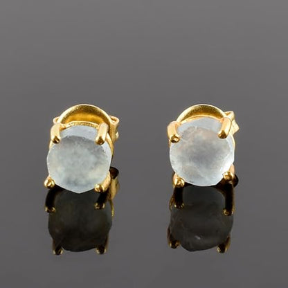 Raw Gold Stud Earrings For Women Natural Gemstone Dainty Pair 14K Gold Plated Flat Back Earrings, Prong Setting Handmade Hypoallergenic Minimalist Jewelry Gifts For Mom, Birthstone Energy Crystals