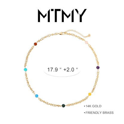 MTMY Beaded Necklaces for Women 14K Gold Plated Dainty Colorful Green/Rose Beaded Pearl Choker Necklace Delicate Boho Choker Necklace Jewelry Gift - style: 7 Color beads