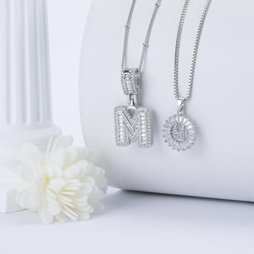 14K Gold Plated Alphabet Necklace Cubic Zirconia Letter Pendant, Personalized Name Jewelry Gift for Women, Customizable A-Z, Birthday/Mothers Day Gifts for Womens - color: White Gold, style: Style-M
