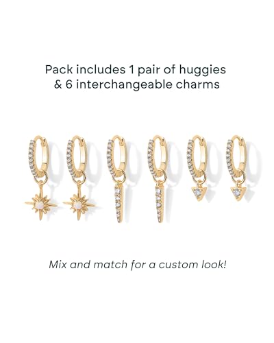 PAVOI 14K Gold Plated Huggie Earring Charms for Women - Mix and Match Huggie Hoop Earrings with Charms Pack - Dangle Dainty Motif Set with Cubic Zirconia, Heart, Cross, Pearl & Evil Eye Jewelry - Valentines Day Trendy Jewelry - style: North Star