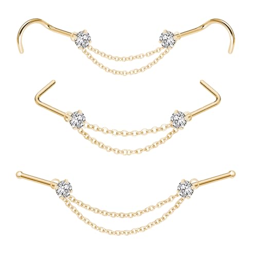 Nose Ring Chain Across Nose Black Stainless Steel Nostril Nose Piercing Chain with Cubic Zirconia Nose Screw Bone L-Shaped Ring for Women Body Piercing Nostril Jewelry with Bridge Chain - color: Gold-Double Nose Chain Studs