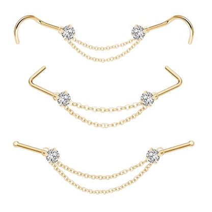 Nose Ring Chain Across Nose Black Stainless Steel Nostril Nose Piercing Chain with Cubic Zirconia Nose Screw Bone L-Shaped Ring for Women Body Piercing Nostril Jewelry with Bridge Chain - color: Gold-Double Nose Chain Studs