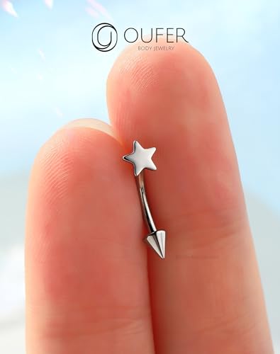 OUFER Rook Piercing Jewelry, G23 Solid Titanium Eyebrow Rings, Heart Vertical Labret Lip Jewelry, 16G Curved Barbells, Daith Rook Earrings for Women Men - color: Silver Star, size: 16G 8mm