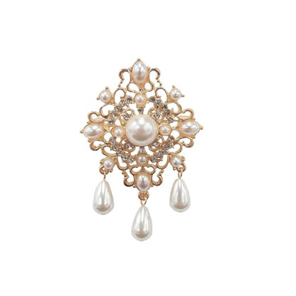 Vintage CZ Pearl Filigree Flower Brooch for Women Gold Plated Dainty Sparkly Crystal Faux Pearl Teardrop Dangle Drop Lapel Pins Elegant Dress Suit Bouquet Ceremony Accessories Wedding Party Jewelry