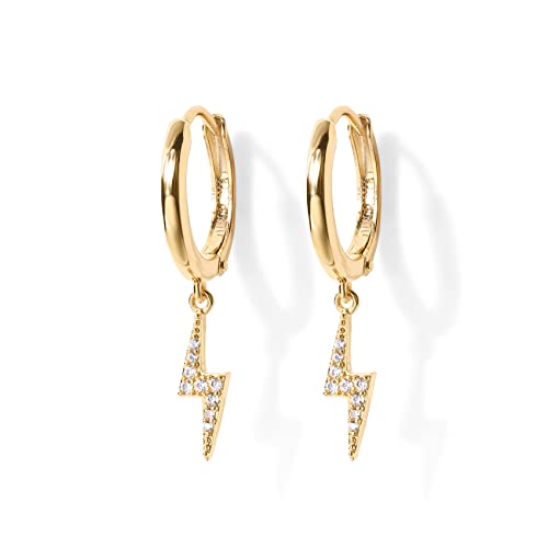 PAVOI 14K Gold Plated S925 Sterling Silver Post Lightweight Drop Dangle Huggie Hoop Earrings for Women | Star, Lock, Pearl, Cross, Lightening, Coin | Dainty Earrings - style: Lightning