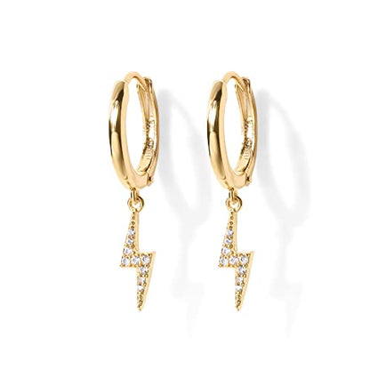 PAVOI 14K Gold Plated S925 Sterling Silver Post Lightweight Drop Dangle Huggie Hoop Earrings for Women | Star, Lock, Pearl, Cross, Lightening, Coin | Dainty Earrings - style: Lightning