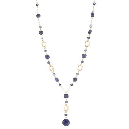 FULU AUTUMN Long Gold Beaded Necklaces for Women Natural Stone Bead Statement Pendant Necklace Y Sweater Chain Fashion Jewelry Gifts - color: Blue