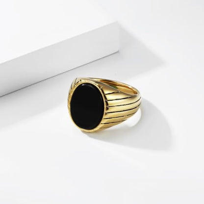 Oval Zircon Men's Grooved Signet | Retro Chunky Stainless Steel Geometric Band, Cool Industrial Statement Jewelry for Him, Biker Fashion Accessory - color: Round Gold