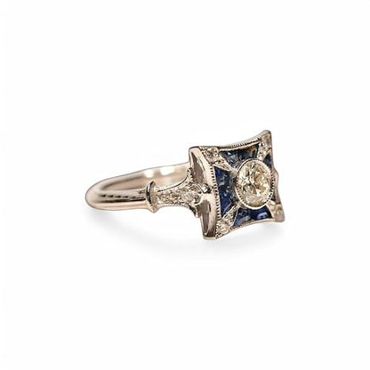 Vintage Old European Art Deco Diamond & Sapphire Ring for Women – Silver Plated Engagement Ring, Antique Style Square Halo Ring, Fine Jewelry Gift