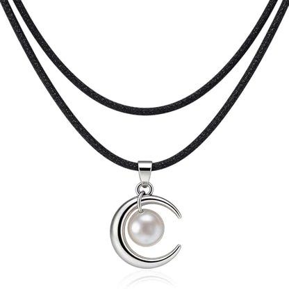 Black Choker for Women, Adjustable Layered Velvet Leather Lace Collar necklace, Goth necklace Gifts - color: Pearl Moon