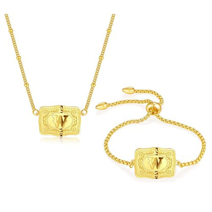 2 Pcs Belt Buckle Initial Necklace Bracelet Jewelry Set for Women, 18K Gold/Silver Plated Belt Buckle Initial A-Z Necklace Bracelet Set Unique Western Style Jewelry Gifts - style: Gold-W