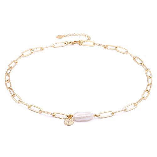 Aobei Pearl 18K Gold Plated Paperclip Chain Choker Satellite Chain Freshwater Cultured Biwa Pearl Pendant Necklace Dainty Turquoise Jewelry for Women - color: Pearl Chain Choker