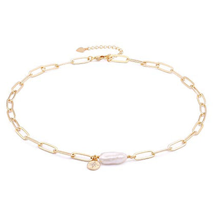 Aobei Pearl 18K Gold Plated Paperclip Chain Choker Satellite Chain Freshwater Cultured Biwa Pearl Pendant Necklace Dainty Turquoise Jewelry for Women - color: Pearl Chain Choker