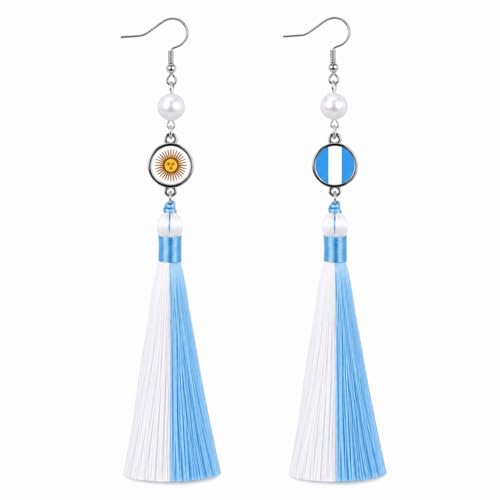 Handmade 925 Silver Plated Long Tassel Earring,Premium Flag Heritage Jewelry, Pride Patriotic Festival Gift For Women Party - color: Argentina Flag Style
