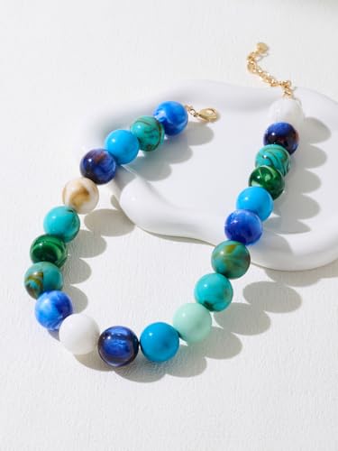 Chunky Beaded Necklaces for Women Statement Necklace | Bold Chunky Choker, Large Resin Beads, Adjustable Necklace, Boho Trendy Summer Beach Holiday Jewelry - color: Blue-02