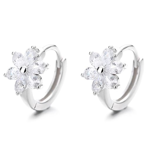 Flower Hoop Huggie Earrings for Women Small Crystal Cubic Zirconia Flower Hoops Earrings Cartilage Earrings Trendy Kawaii Cute Little Hoop Earrings Wedding Statement Gift Jewelry - color: Silver