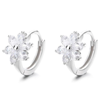 Flower Hoop Huggie Earrings for Women Small Crystal Cubic Zirconia Flower Hoops Earrings Cartilage Earrings Trendy Kawaii Cute Little Hoop Earrings Wedding Statement Gift Jewelry - color: Silver