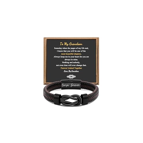 Gift for Men Infinity Bracelet for Men Dad Husband Boyfriend Son Grandson Brother Nephew Uncle Brown Braided Leather Forever Linked Together Stainless Steel Engraved with Love You Forever Jewelry 7.5|8.5|9 Inches - color: To My Grandson-Someday when the p