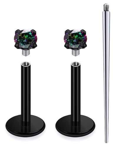 18G 16G 14G Internally Threaded Nose Rings Studs Flat Back Earrings Surgical Steel CZ Nose Rings Stud Tragus Helix Conch Cartilage Earrings Stud Piercing Jewelry For Women Men Hypoallergenic - color: Black-Rainbow CZ, size: 14 Gauge-6mm Bar-2mm CZ