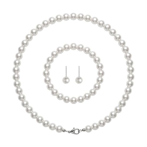 3PCS Pearl Jewelry Set for Women, Faux Pearl Necklace Bracelet Earrings Set, Round Pearl Costume Accessories for Brides Wedding Gift - style: Classic2