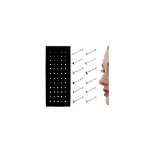THUNARAZ Straight L Shaped Stainless Steel Nose Studs Rings Piercing Pin Body Jewelry 20G-22G 1.5mm 2mm 2.5mm - color: D: 60pcs Colourful CZ(22G Straight)