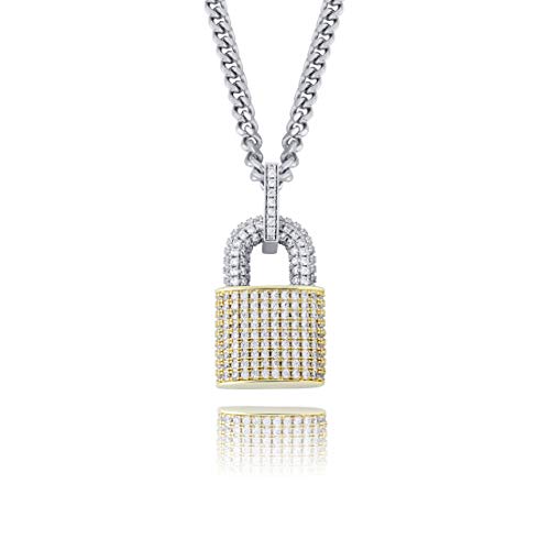 TOPGRILLZ 14K Gold Plated Iced out Lock Pendant Necklace for Women and Men Punk Rock Aesthetic Chains Padlock Necklace - color: Double Colors
