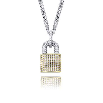 TOPGRILLZ 14K Gold Plated Iced out Lock Pendant Necklace for Women and Men Punk Rock Aesthetic Chains Padlock Necklace - color: Double Colors