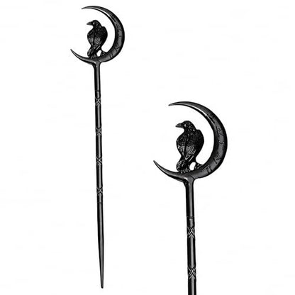 2PCS Viking Raven Hair Sticks – Gothic Moon Hair Pins for Women | Black Gothic Hair Accessories with Raven Moon Design for Buns, Updos, Renaissance Festival, Halloween & Cosplay - color: RLMN