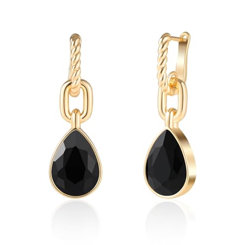 Crystals Teardrop Dangle Drop Earrings, 18K Gold Plated Hoop Earrings Zirconia Jewelry for Women Gifts - color: Black-Long