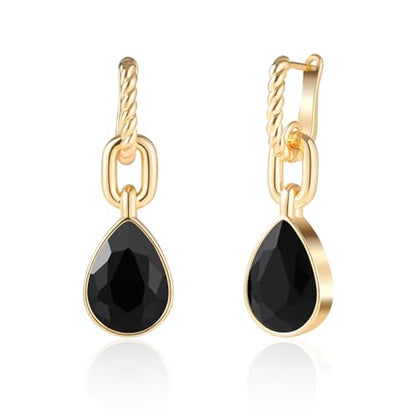 Crystals Teardrop Dangle Drop Earrings, 18K Gold Plated Hoop Earrings Zirconia Jewelry for Women Gifts - color: Black-Long