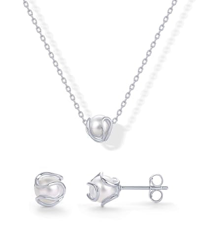 PAVOI 14K Gold Plated Caged Pearl Jewelry Set for Women, Necklace & Earring | Round Shell Pearl Earring and Necklace Jewelry Set, Gold Pearl Set with Pendant Necklace and Stud Earrings - color: White Gold