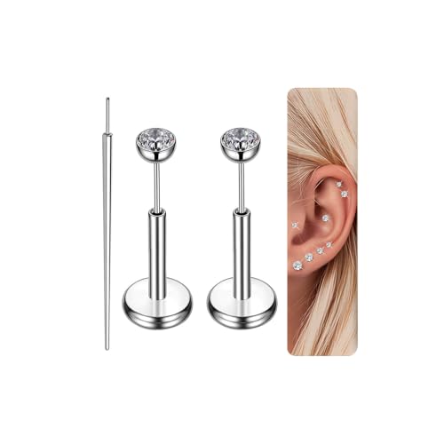 Gotumo 16G 18G 20G Flat Back Earrings Stud Titanium Threadless Nose Rings Tragus Labret Cartilage Lip Medusa Conch Body Piercing Jewelry Hypoallergenic for Women Men - color: Silver, size: 18G Bar Lengths 6mm & CZ 2mm