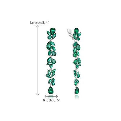 Crysdue Clip On Earrings for Women Rhinestone Crystal Teardrop Cluster Wedding Bridal Non Pierced Long Dangle Earring for Prom Party - color: Green Silver-Tone