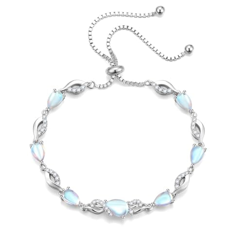 FANCIME Birthstone Teardrop Tennis Bracelet for Women, Sterling Silver 9x7mm main Gemstone Bolo Adjustable Chain Bracelet Fine Jewelry Birthday Gifts for Women Mom Wife Her - color: 06-Moonstone