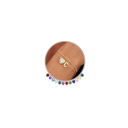 14K Gold Plated Heart Initial Birthstone Gold Bracelets for Women | Dainty Heart Letter A-Z Charm Layered Bracelets Birthday Trendy Jewelry Gifts for Women - color: C