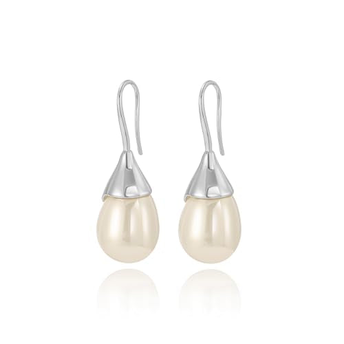 Unique Cream White Pearl Teardrop Drop Dangle Earrings for Women,Trendy Geometric Dangle Formal Hook Earrings for Wedding Prom - color: White Gold-Cream Pearl