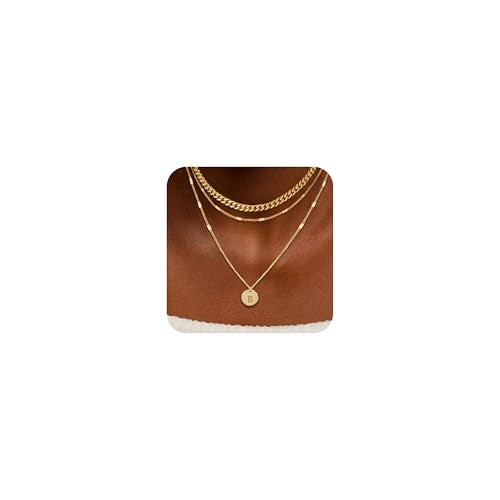 Initial Necklaces for Women Trendy, 14K Gold Plated Letter Necklace Stack Round Coin Disc Pendant Layered Choker Cuban Chain A-Z Gold Necklace Personalized Jewelry Gift Sets for Women - color: B