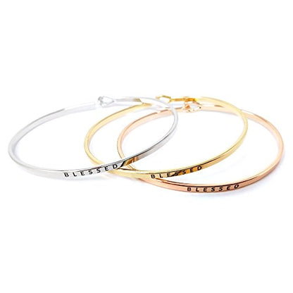 by you Inspirational Positive Message Engraved Thin Cuff Bangle Hook Bracelet - color: Blessed-Rosegold
