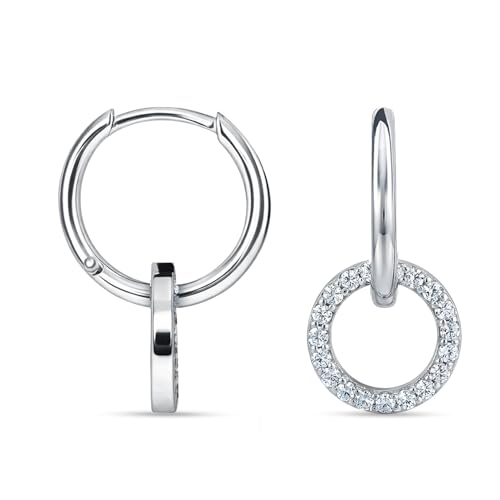 LeCalla 925 Sterling Silver Hoop Earrings for Women | Rhodium-Plated Cubic Zirconia Double Hoop Dangle Earring | Double CZ Huggie Hoop Earrings Gift for Her Mother's Day Birthday 18MM