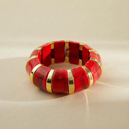 YBMYCM Acrylic Chunky Bangles Bracelets for Women Resin Gold-plated Stackable Stretch Bracelet Wide Wristbands Gift Jewelry - color: Red