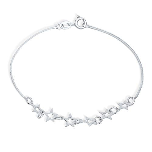 Dainty Celestial Holiday Layering American USA Patriotic Multi Open Lucky Stars Rock Star Bracelet For Women Teen Polished .925 Sterling Silver 7-7.5 Inch