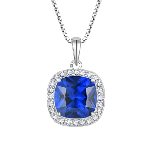 Birthstone Necklace for Women 925 Sterling Silver Princess Cut Halo Necklace Pendant Jewelry for Mom Wife - color: Royal Blue