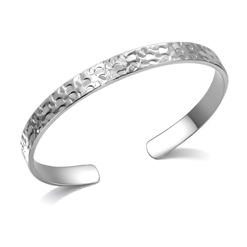 Hammered Texture Bracelet for Women - Maximum 8 inches Adjustable Cuff Bangle, Elegant Boho Chic Jewelry Silver & Gold - color: Silver-B