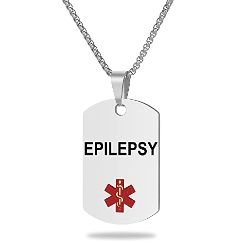 Medical Alert ID Necklace, Laser Engraved EPILEPSY, Stainless Steel Tag Pendant with 23.6 inch Chain for Men Women Emergency First Aid - color: Silver, size: EPILEPSY