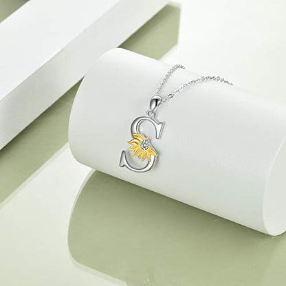 POPLYKE Initial Sunflower Necklace for Women 925 Sterling Sliver Sunflower Pendant Necklace Letter Initial Pendant Chain - style: Sunflower S