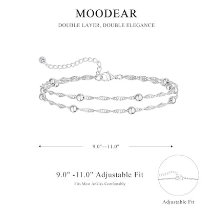 Moodear Ankle Bracelets for Women 14K Silver Plated Layered Chain Anklets | Waterproof Non Tarnish Adjustable Double Layer Anklet with Satellite Bead Chain Design for Summer Beach Jewelry Gift - color: silver-5