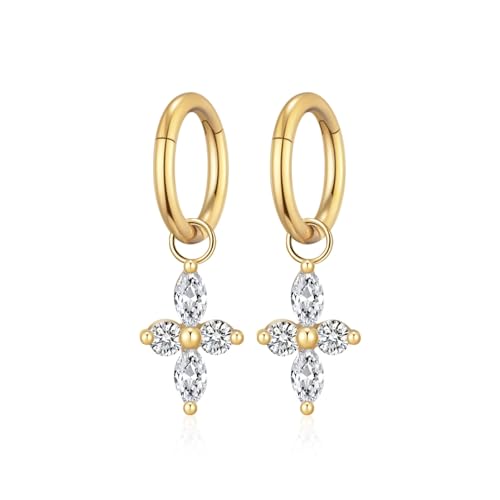 Ourania 16G Gold Stainless Steel Zircon Dangle Huggie Hoop Rook Piercing Helix Hoop Earring Tragus Hoop Cartilage Piercing for Women - color: Flower Gold 2PCS, size: 1.2*6mm 2pcs
