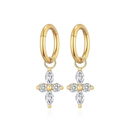 Ourania 16G Gold Stainless Steel Zircon Dangle Huggie Hoop Rook Piercing Helix Hoop Earring Tragus Hoop Cartilage Piercing for Women - color: Flower Gold 2PCS, size: 1.2*6mm 2pcs